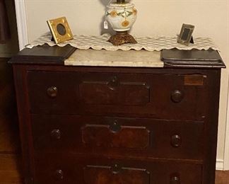 Antique Eastlake Marble Top Dresser, Gone With the Wind Lamp, Picture Frames,  Lace Runner