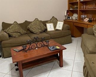 Sofa, Love Seat/Chair and a Half, Ottoman, Coffee Table, Multi Candle Stand, Pottery Wall Plaque, Stemware