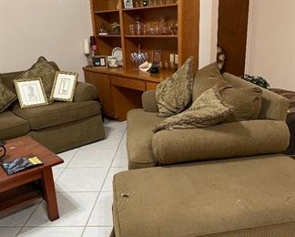 Sofa, Love Seat/Chair and a Half, Ottoman, Coffee Table, Multi Candle Stand, Pottery Wall Plaque, Stemware