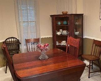 Antique Mahogany Drop Leaf Dining Table with Woven Cane Chairs