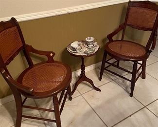 Antique Walnut Victorian Style Chairs with Woven Cane Seat, Pedestal Tea Table
