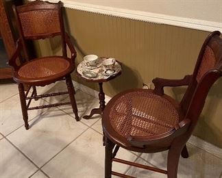 Antique Walnut Victorian Style Chairs with Woven Cane Seat, Pedestal Tea Table