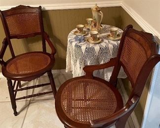 Antique Walnut Victorian Style Chairs with Woven Cane Seat, Pedestal Tea Table