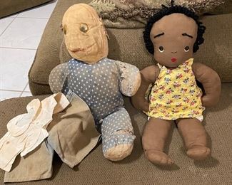 Vintage Folk Art Primitive Cotton Home Made Rag Doll Embroidery Face Denim Coveralls & Shirt, Vintage Folk Art Primitive Cotton Home Made Rag Doll Embroidery Face & Yarn Hair 
