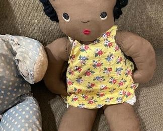 Vintage Folk Art Primitive Cotton Home Made Rag Doll Embroidery Face & Yarn Hair 