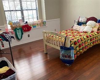 Antique Single Bed with Memory Foam Refurbished, Hand Crocheted Bed Quilt, Assorted Children's Clothing