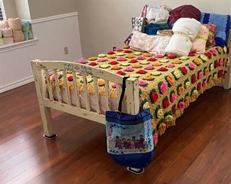 Antique Single Bed with Memory Foam Refurbished, Hand Crocheted Bed Quilt, Assorted Children's Clothing