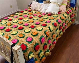 Antique Single Bed with Memory Foam Refurbished, Hand Crocheted Bed Quilt, Assorted Children's Clothing
