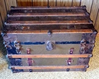 Antique Wood Steamer Trunk, Wrapped In Metal, Includes Inner Tray, 24" x 35" x 20"