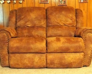 La-Z-Boy Upholstered Microfiber Double Recliner With Brass Nail Head Trim, 40" x 64" x 38"