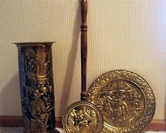 Decorative Brass Bed Warmer, Copper Umbrella Stand, And Decorative Wall Plate
