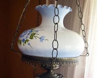 Vintage Painted Porcelain Hanging Hurricane Lamp, 36" x 16" Round, Powers On