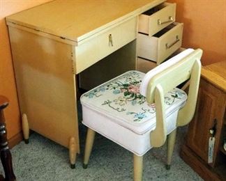Vintage Sewing Machine Cabinet, With 4 Drawers, 30.5" x 34" x 19", Includes Upholstered Needle Point Sewing Chair With Lidded Seat