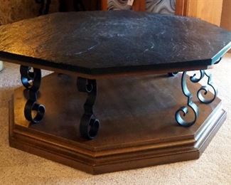 Octagonal Slate Top Coffee Table, With Wood Base And Wrought-Iron Accents, 17" x 42" x 42'