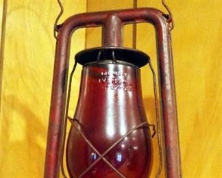 Antique Oil Lantern With Red Glass Globe, Marked Universal 1928, 13.5" Tall