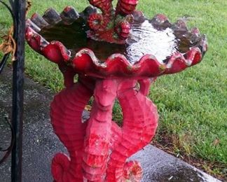 Cast Concrete Seahorse Bird Bath, 45" Tall, 27" Diameter