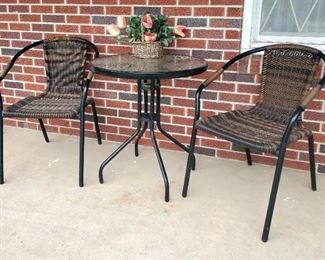 Out Door Patio Set Including Round Glass Top Table, 28" x 26" Round And 2 Chairs