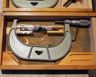Vintage VIS Poland Micrometer Calipers, Qty 2, Gauges .0001, 3-4" And 4-5" In Wood Cases