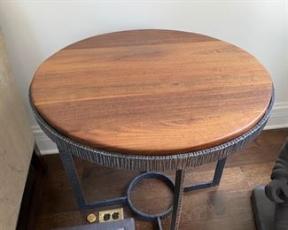 $750.00 Hand forged iron and wood side table 28"h x 28" diameter