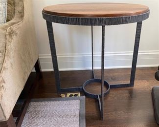 $750.00 Hand forged iron and wood side table 28"h x 28" diameter