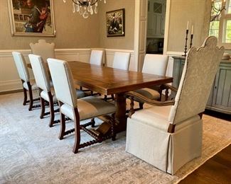 $4500.00 French custom inlaid walnut dining table offered with a pair of Alfonso Marina armchairs & 8 Ralph Lauren barley twist side chairs Table: 9' long x 30"h x 44"w