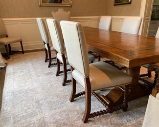 $4500.00 French custom inlaid walnut dining table offered with a pair of Alfonso Marina armchairs & 8 Ralph Lauren barley twist side chairs