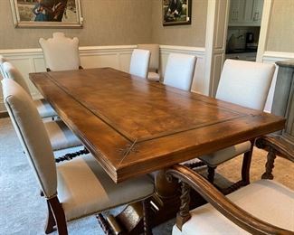 $4500.00 French custom inlaid walnut dining table offered with a pair of Alfonso Marina armchairs & 8 Ralph Lauren barley twist side chairs