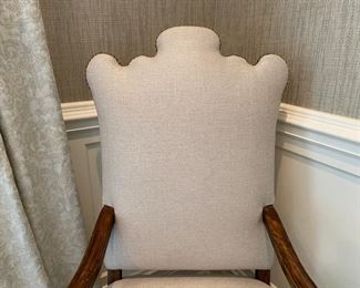 $4500.00 French custom inlaid walnut dining table offered with a pair of Alfonso Marina armchairs & 8 Ralph Lauren barley twist side chairs