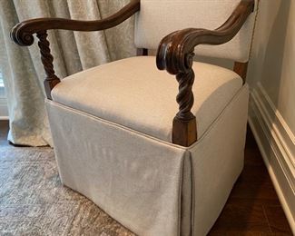 $4500.00 French custom inlaid walnut dining table offered with a pair of Alfonso Marina armchairs & 8 Ralph Lauren barley twist side chairs