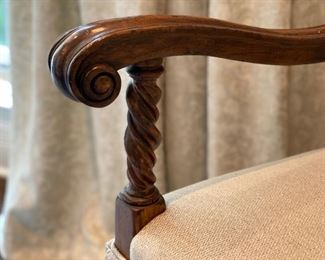 $4500.00 French custom inlaid walnut dining table offered with a pair of Alfonso Marina armchairs & 8 Ralph Lauren barley twist side chairs