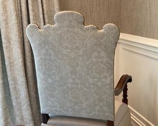 $4500.00 French custom inlaid walnut dining table offered with a pair of Alfonso Marina armchairs & 8 Ralph Lauren barley twist side chairs