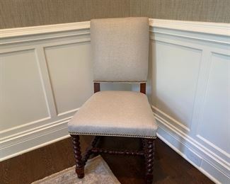 $4500.00 French custom inlaid walnut dining table offered with a pair of Alfonso Marina armchairs & 8 Ralph Lauren barley twist side chairs