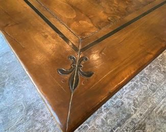 $4500.00 French custom inlaid walnut dining table offered with a pair of Alfonso Marina armchairs & 8 Ralph Lauren barley twist side chairs