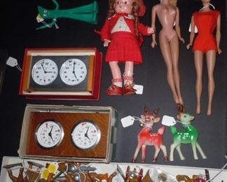 Barclay/Manoil figures, Heuer Chess Clock, Pokey signed by Art Clokey, two #4 Barbies,  Rubber Christmas Deer - Japan