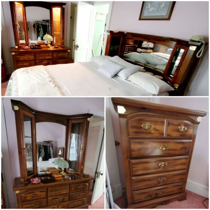 Beautiful, 4 piece wooden bedroom suite with like new mattresses.  Set includes beautiful lighted, 
 mirrored headboard, base with built-in, under-bed storage, nice, 6-drawer dresser, and a spacious, 8-drawer vanity and gorgeous, lighted, mirror hutch.
