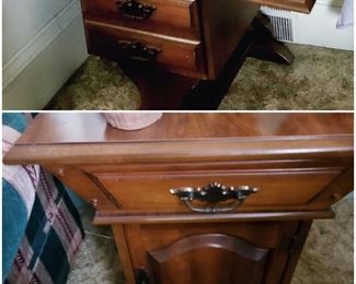 Nice hardwood complimenting end tables, one with drop leaves and two drawers, and the other with a drawer and a door, 