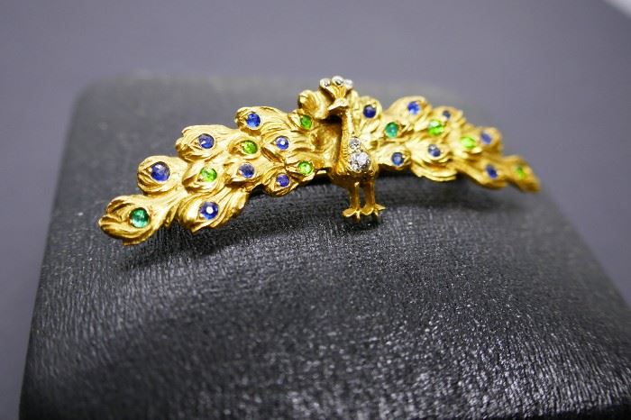 Gold Peacock With Gemstones 10kt