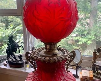 antique red satin glass “Gone With The Wind” kerosene lamp