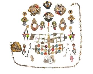 Modernist Steampunk Jewelry Lot
Collection of 14 pieces, includes earrings, brooches, bracelets, necklace, some pieces signed
