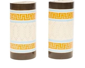 Pair of vintage perforated ceramic pendant wall sconces by acclaimed San Antonio maker Beaumont Mood, painted accents