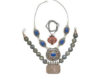 Vintage Ethnographic Turkoman Necklaces
Tribal gemstone jewelry, 3 pieces, includes lapiz, coral, Persian turquoise, designer Bobbie Medlin included