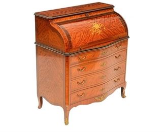 French Louis III style secretary desk, front door opens to desk with many small drawers and extendable writing surface