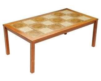 Danish Mid-Century coffee table, having abstract floral motif tile top surface