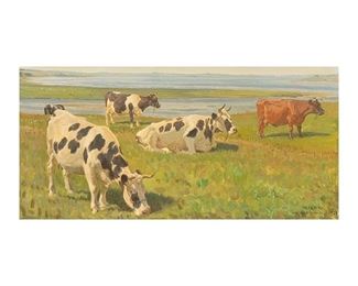Hjarboek, cows, signed, dated 1923, oil on canvas, frame: 22.5"h x 27"w