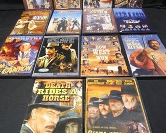 Classic Western DVD Films including Butch Cassidy and the Sundance Kid, Silverado, Loaded Pistols, The Gene Autry Show, The Last Stand at Saber River, The Classic Western Collection 4 Movie Marathon, The Wild Bunch, The John Wayne Collection Rio Lobo, How the West was Won, the Wild West Outlaws, Rim of the Canyon, Outlaw Justice, and Death Rides a Horse