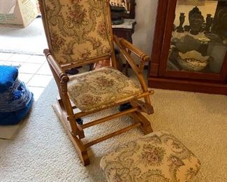 American oak, tapestry platform rocker