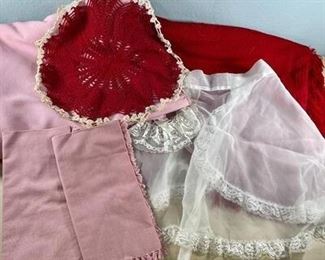 Vintage Linen lot, apron, lap blanket, tablecloth and napkins, doily