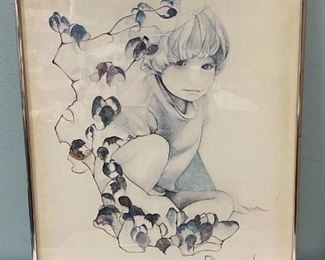 Vintage Framed Rosamond Watercolor Wall Art Garden Child