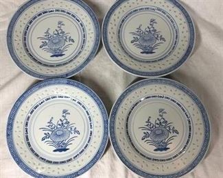 Set of 4 Blue White Floral Asian Chinese Rice Edge Plates