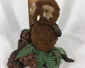Vintage Fuzzy Owl on Wood Figurine